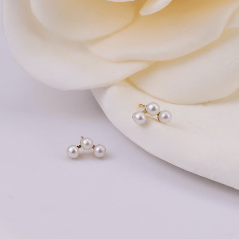 14K Gold Trinity Pearl Stud Earring