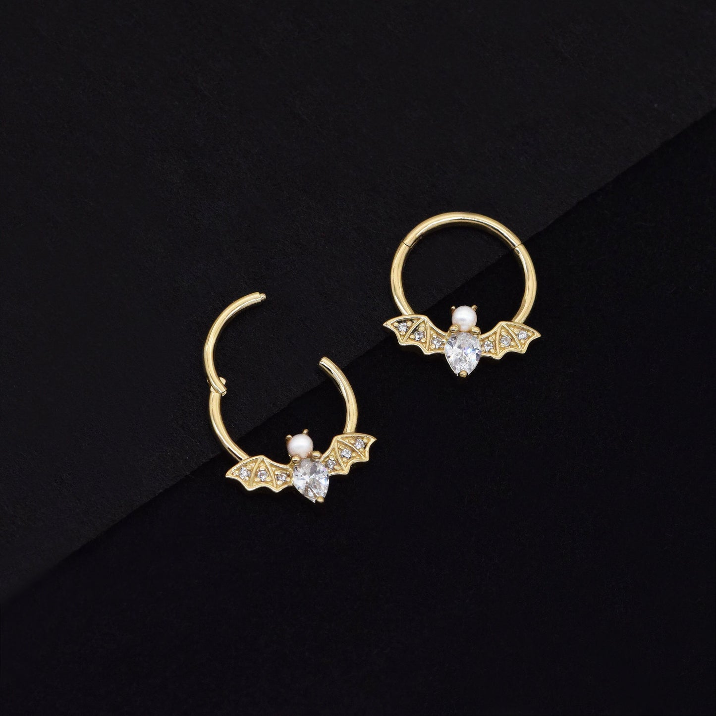 14K Solid Gold Bat Septum Ring 16g Pearl Nose Daith Conch Helix Earrings