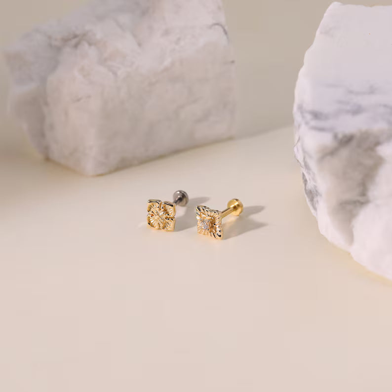 14K Solid Gold Floral Cartilage Helix Stud