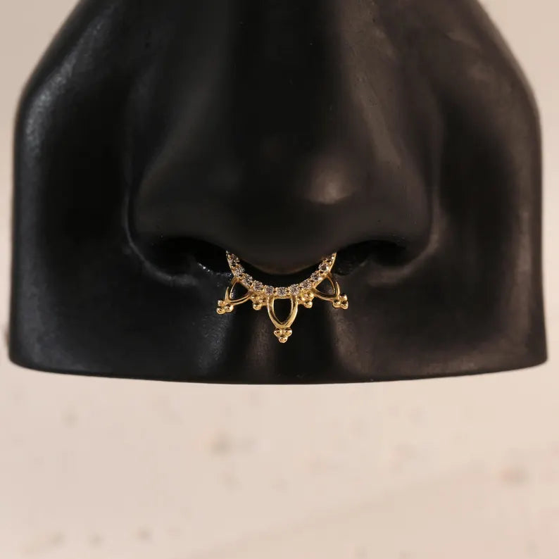 14K Gold Lotus Dangle Septum Hoop 16G