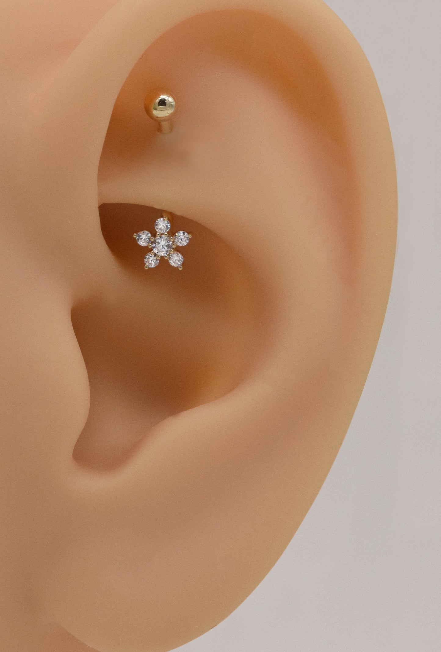 14K Solid Gold Flower Rook Earring Navel Barbell 16G Gift for Her