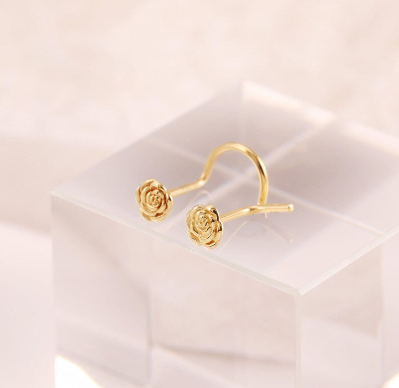14K Solid Gold Flower Nose Stud L Shape S Shape 20g
