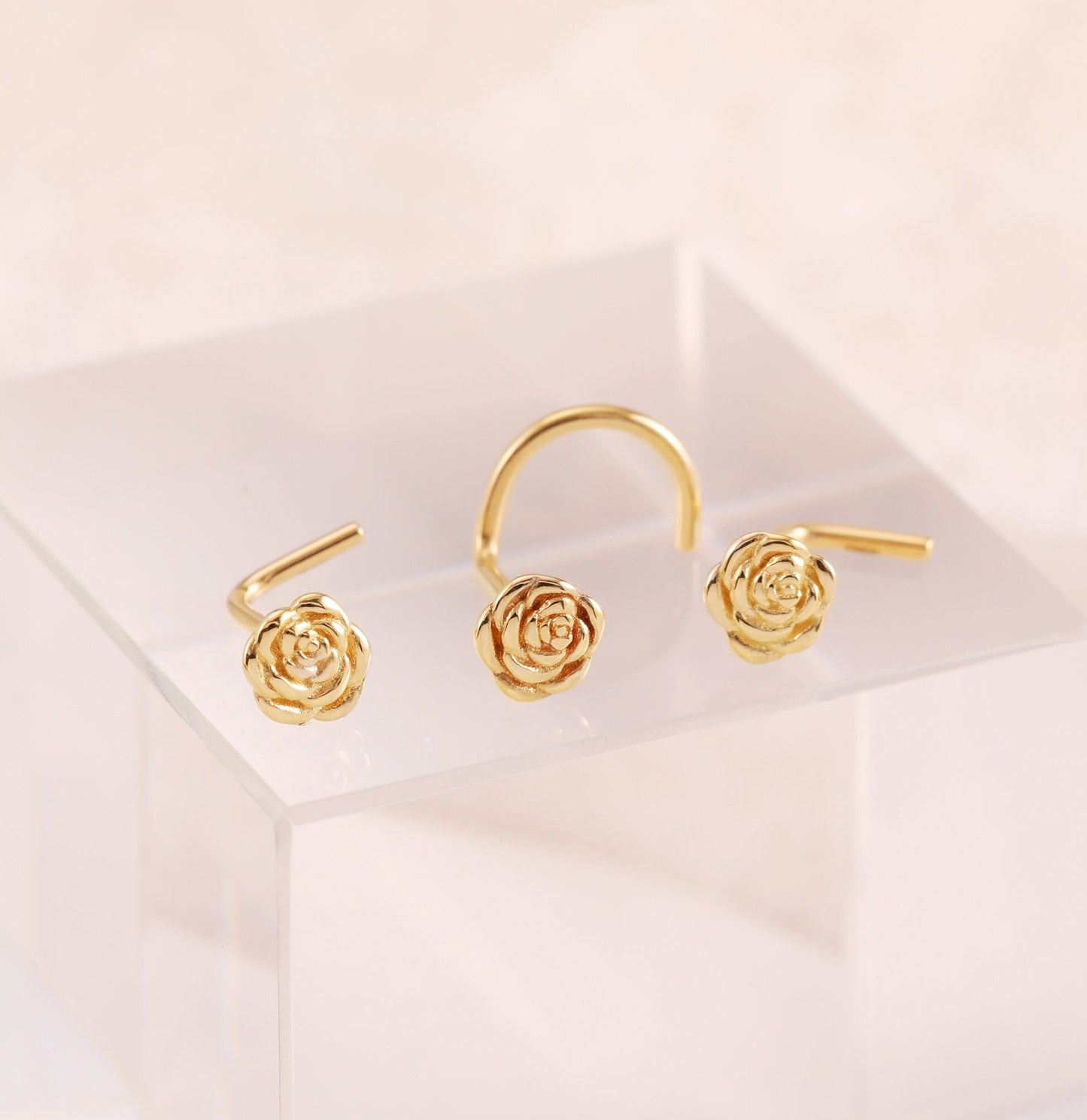14K Solid Gold Rose Nose Stud Tiny L-Shape Flower Ring Dainty S-shape Piercing 20g