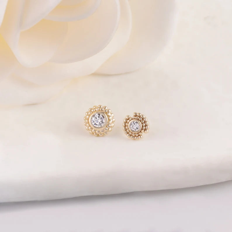 14K Solid Gold Sun Beaded Stud