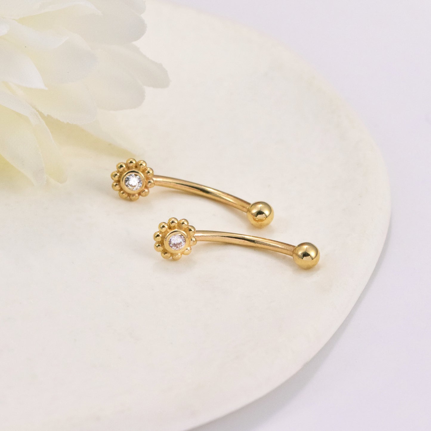 14K Solid Gold Sunflower Rook Piercing Curved Barbell Cubic Zirconia Belly Button 16g