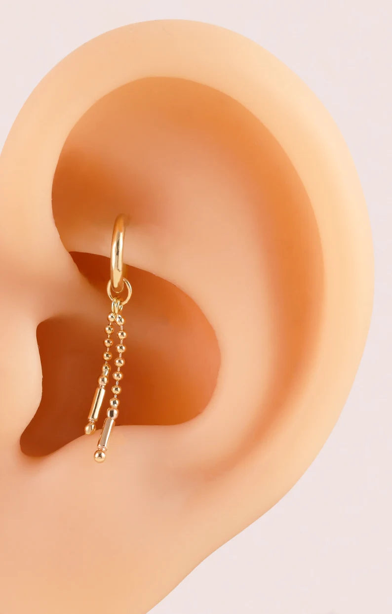 14K Gold Tiny Beaded Chain Dangle Earring