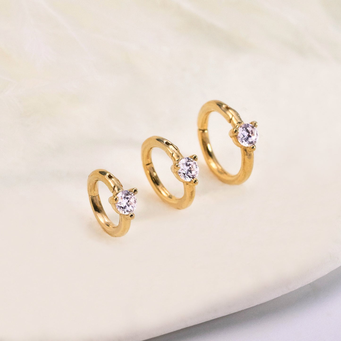 14K Solid Gold Tiny Cartilage Hoop Cubic Zirconia Huggie Earring