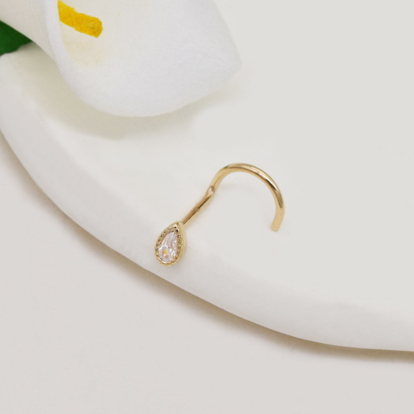 14K Solid Gold Tiny Teardrop Nose Ring 20g Dainty Screw Back Gift