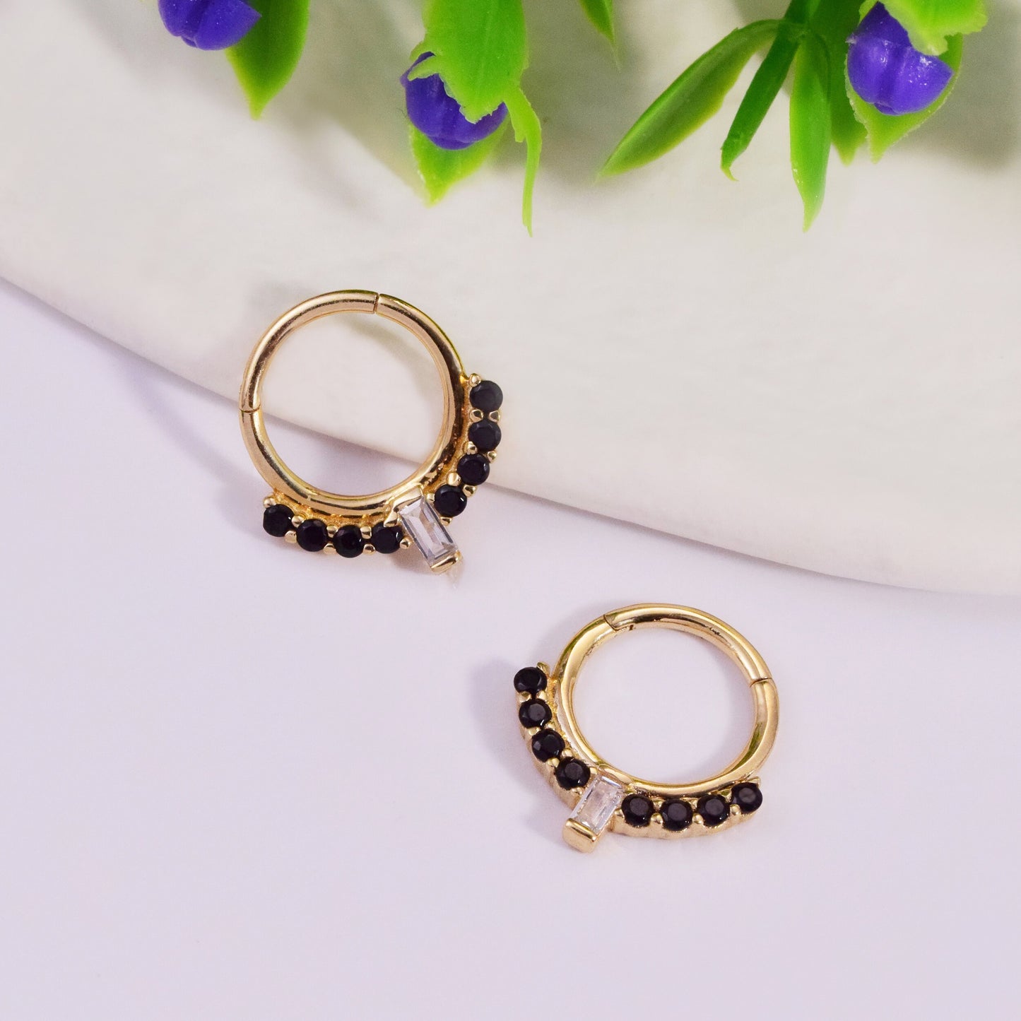14K Solid gold baguette black stone clicker 16g hoop for septum