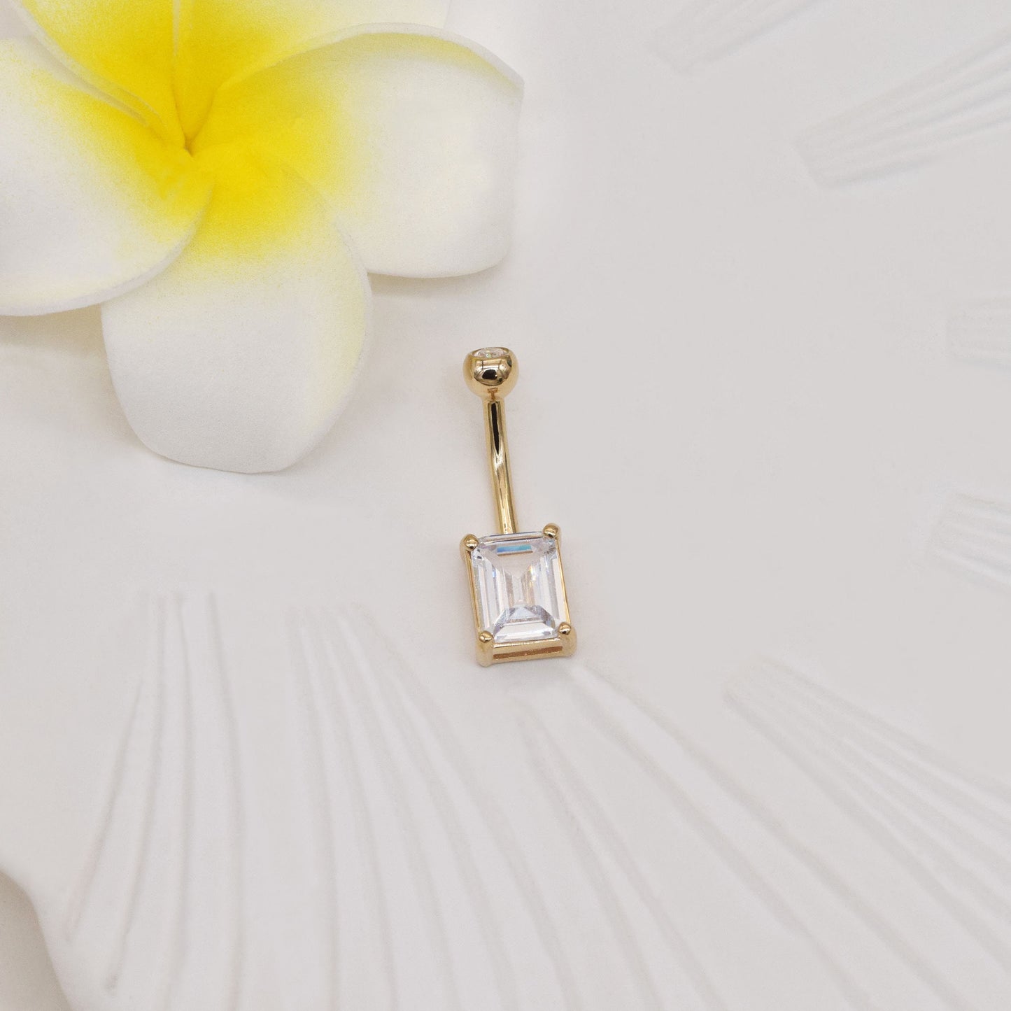 14K Solid Gold Crystal Rectangle Belly Ring