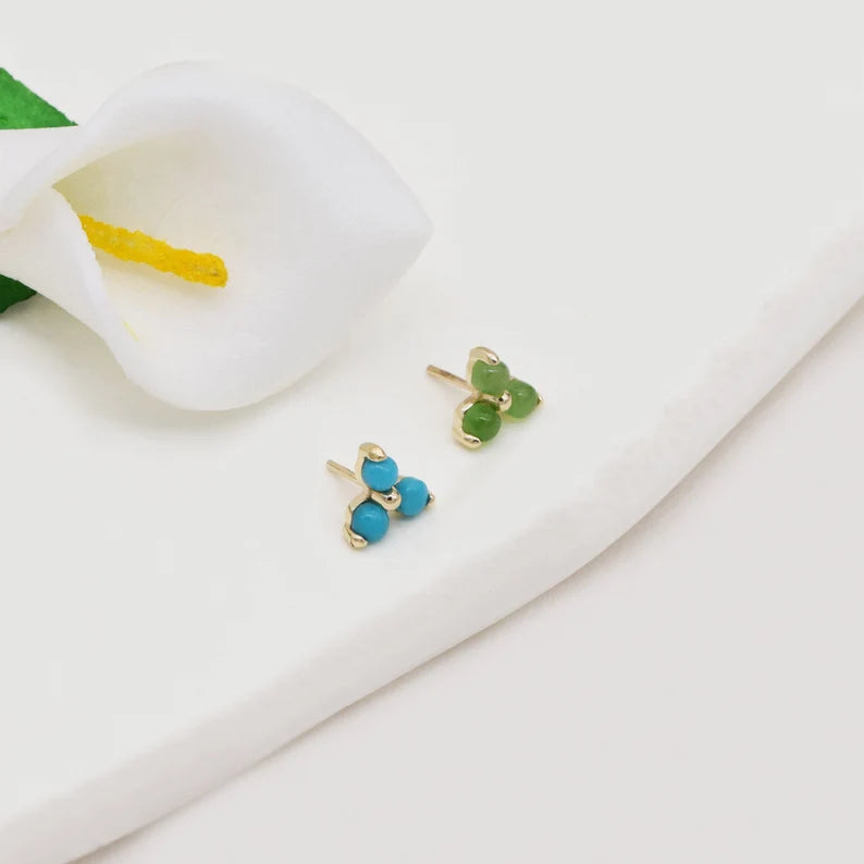 14K Solid Gold Turquoise & Jade Cartilage Stud Earring