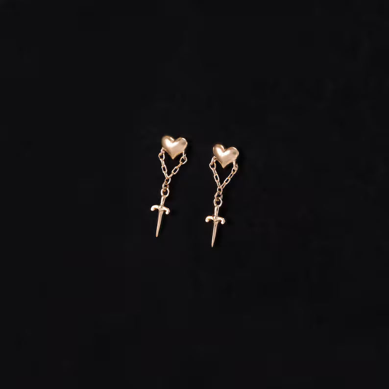14K Gold Heart Sword Dangle Piercing Studs