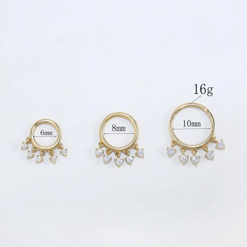 14K Gold Heart Dangle Cartilage Septum Helix Hoop 16g 6/8/10mm