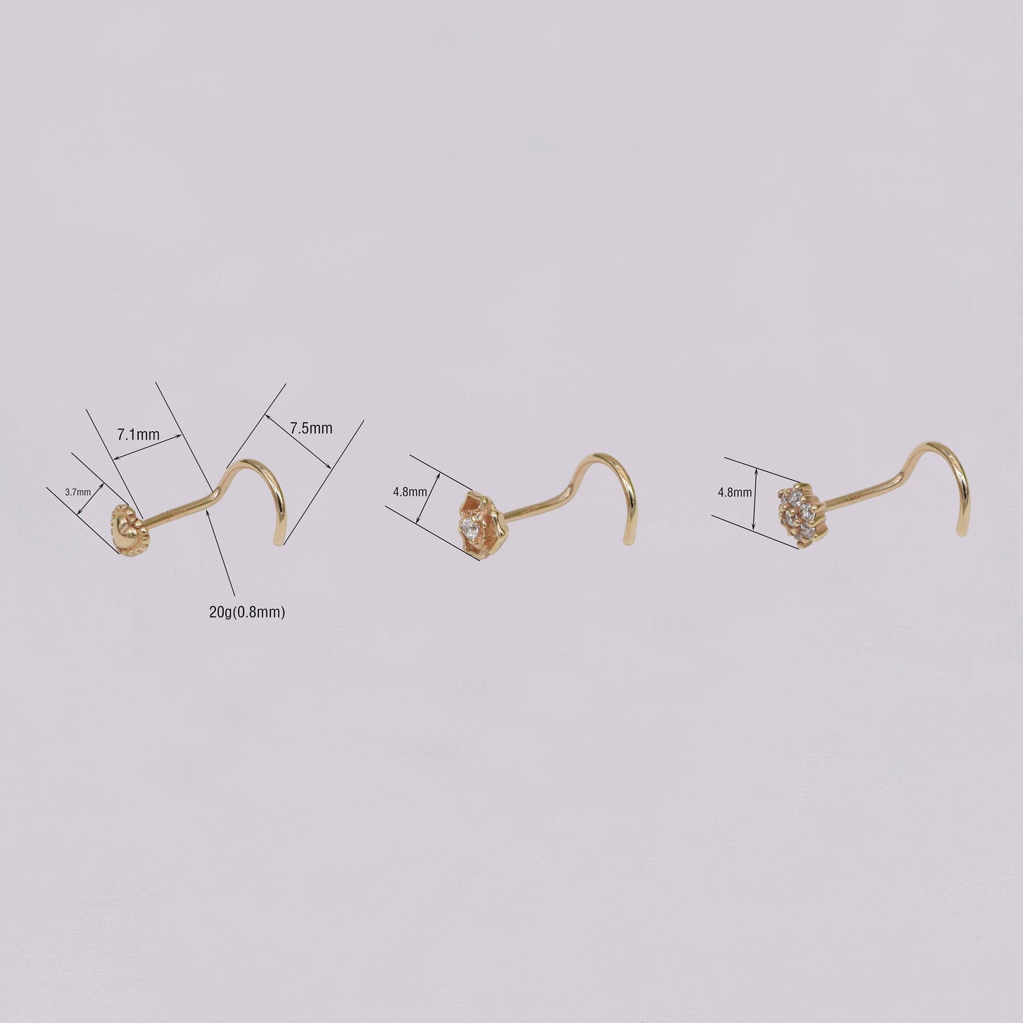 14K Solid Gold Flower Heart Nose Stud Diamond Screw Back 20G Gift for Her