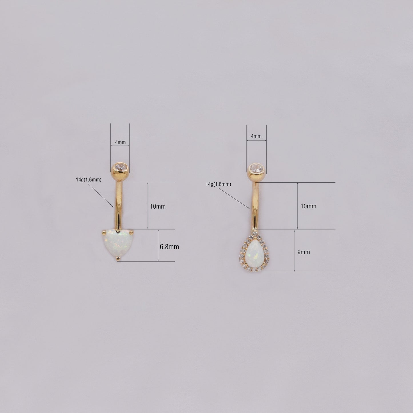 14K Solid Gold Heart Opal Belly Ring Pear Shape Navel Piercing 14g