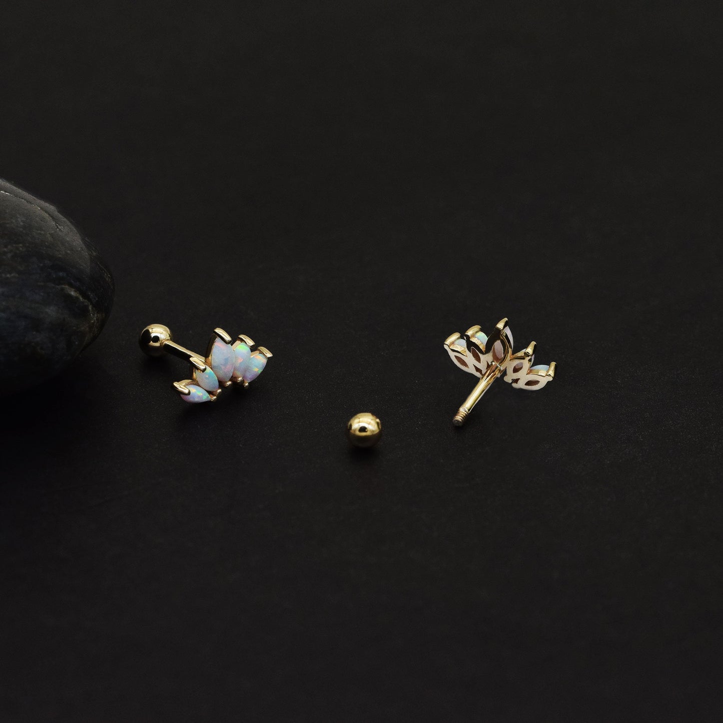14K Solid Gold Opal Crown Stud Marquise Fan Earring 18g
