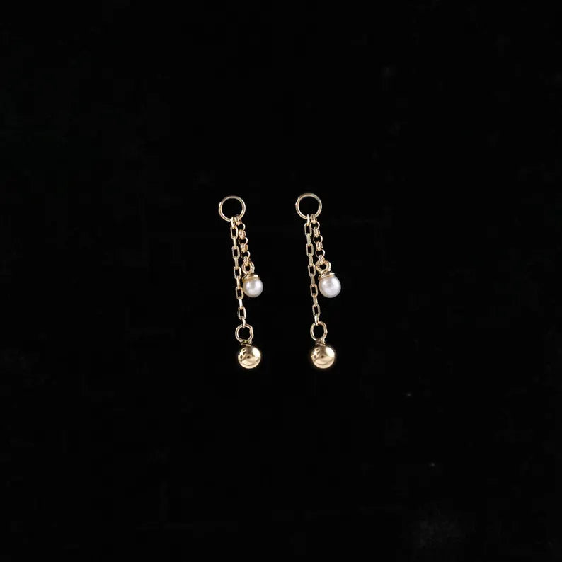 14K Gold Pearl Ball Dangle Chain Helix Earring