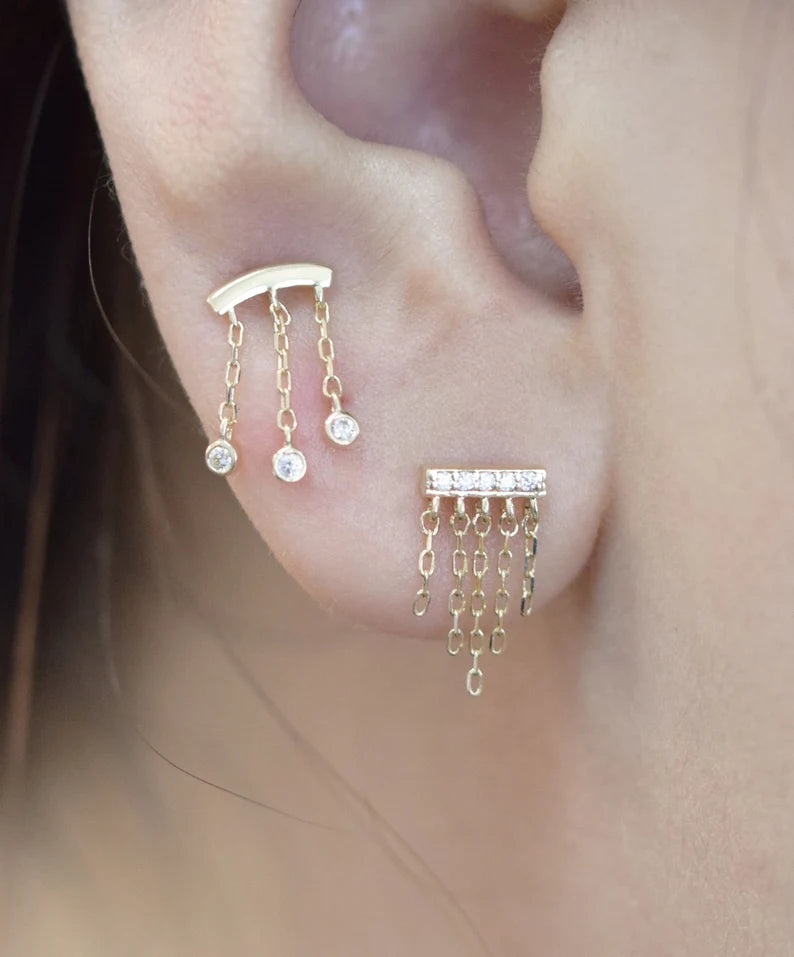 14K Solid Gold Bar Chain Earring