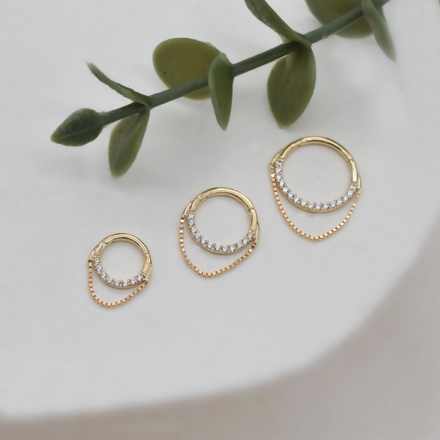 14K Solid Gold Box Chain Hoop Earring with Dangle 16G