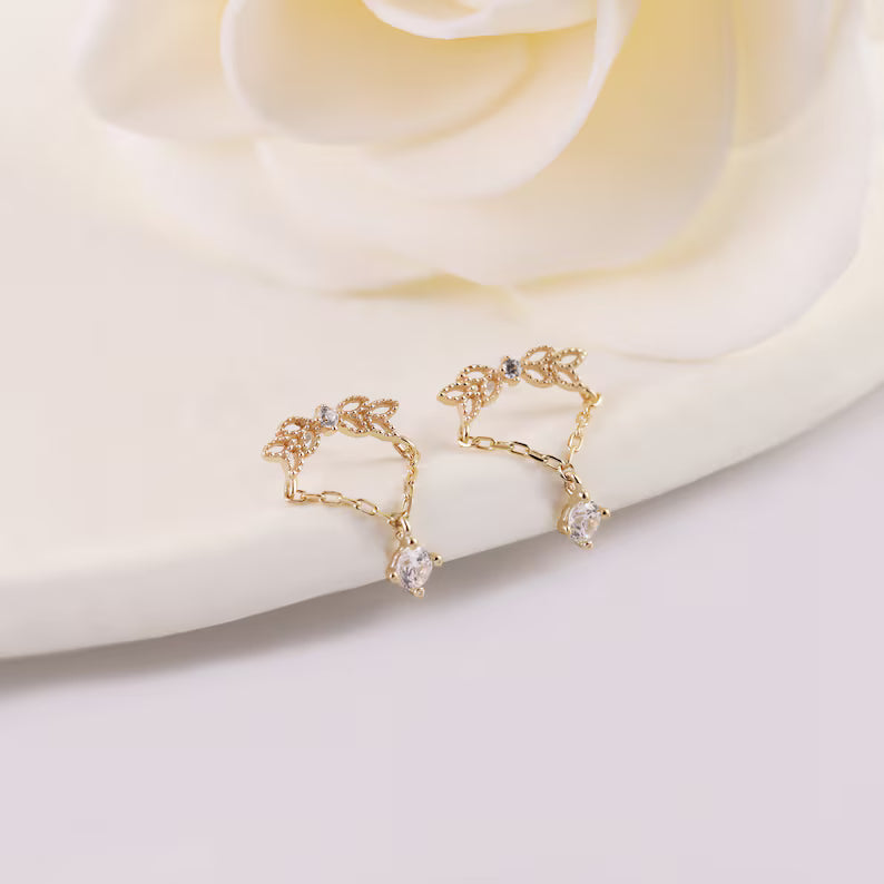 14K Gold Angel Wing Dangle Chain Earring
