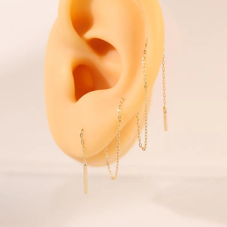 14K Solid Gold Chain Threader Earring
