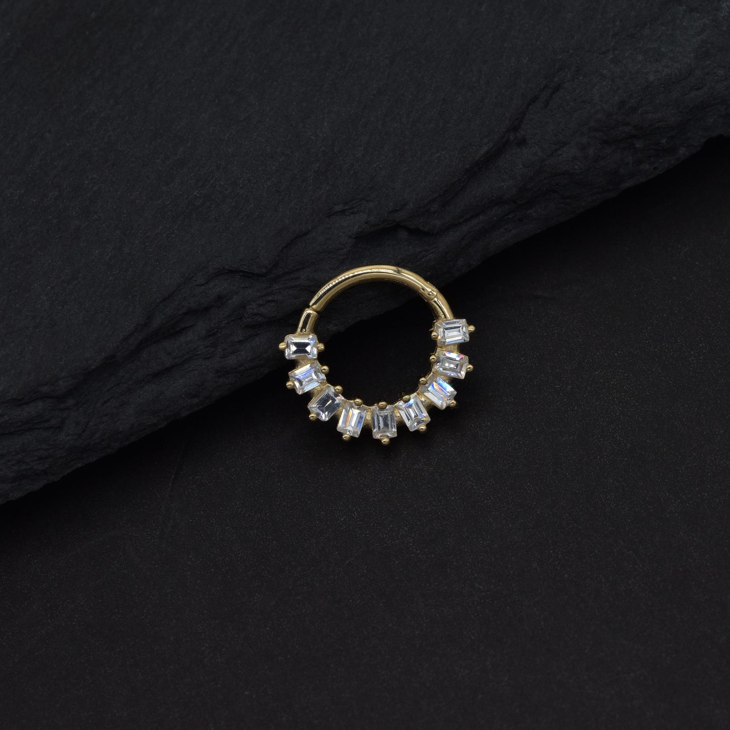 14K Solid Gold Baguette Zircon Hoop Earring 18g