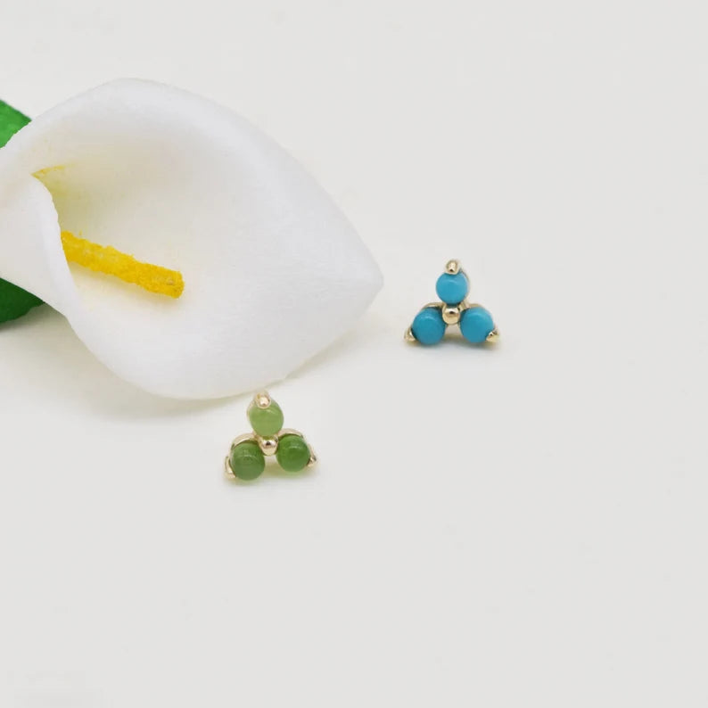 14K Solid Gold Turquoise & Jade Cartilage Stud Earring