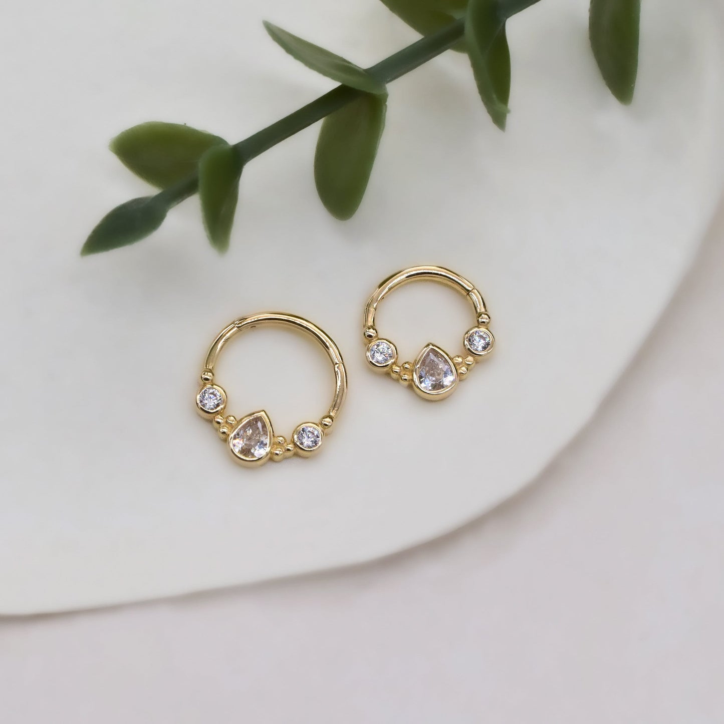 14K Solid Gold Teardrop Bezel Hoop Septum Nose Ring Cartilage Daith 16g