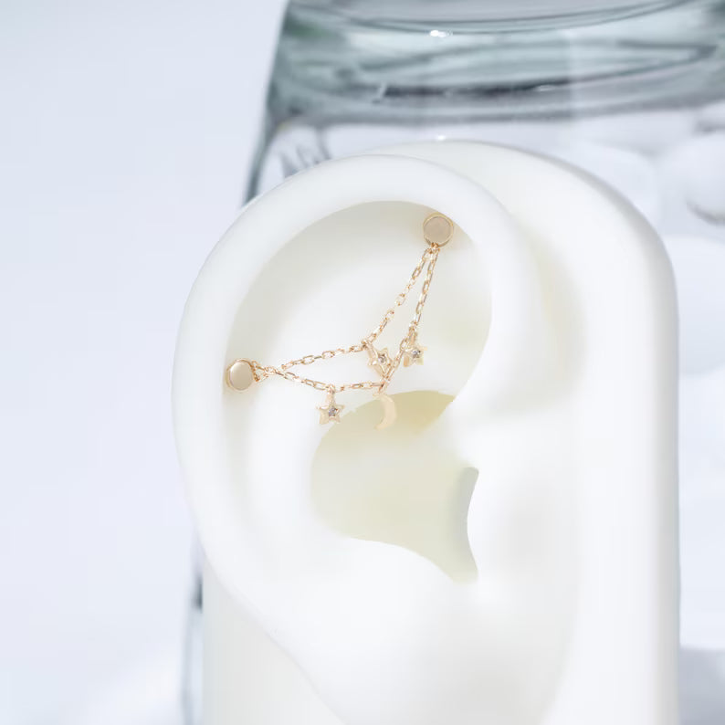 14K Solid Gold Moon Star Chain Charm