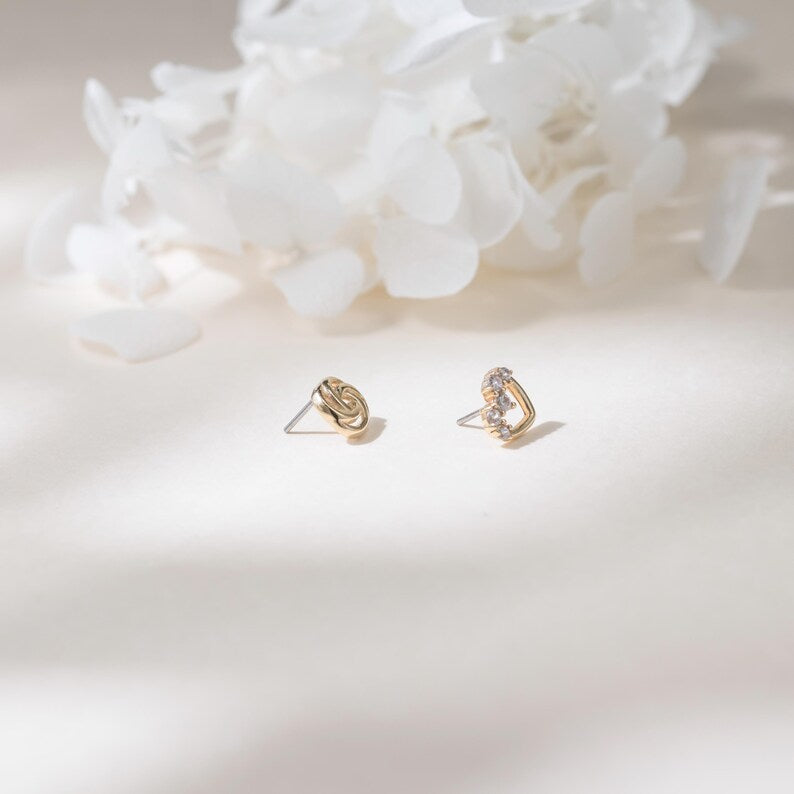 14K Solid Gold Mismatched Studs – Heart & Rose