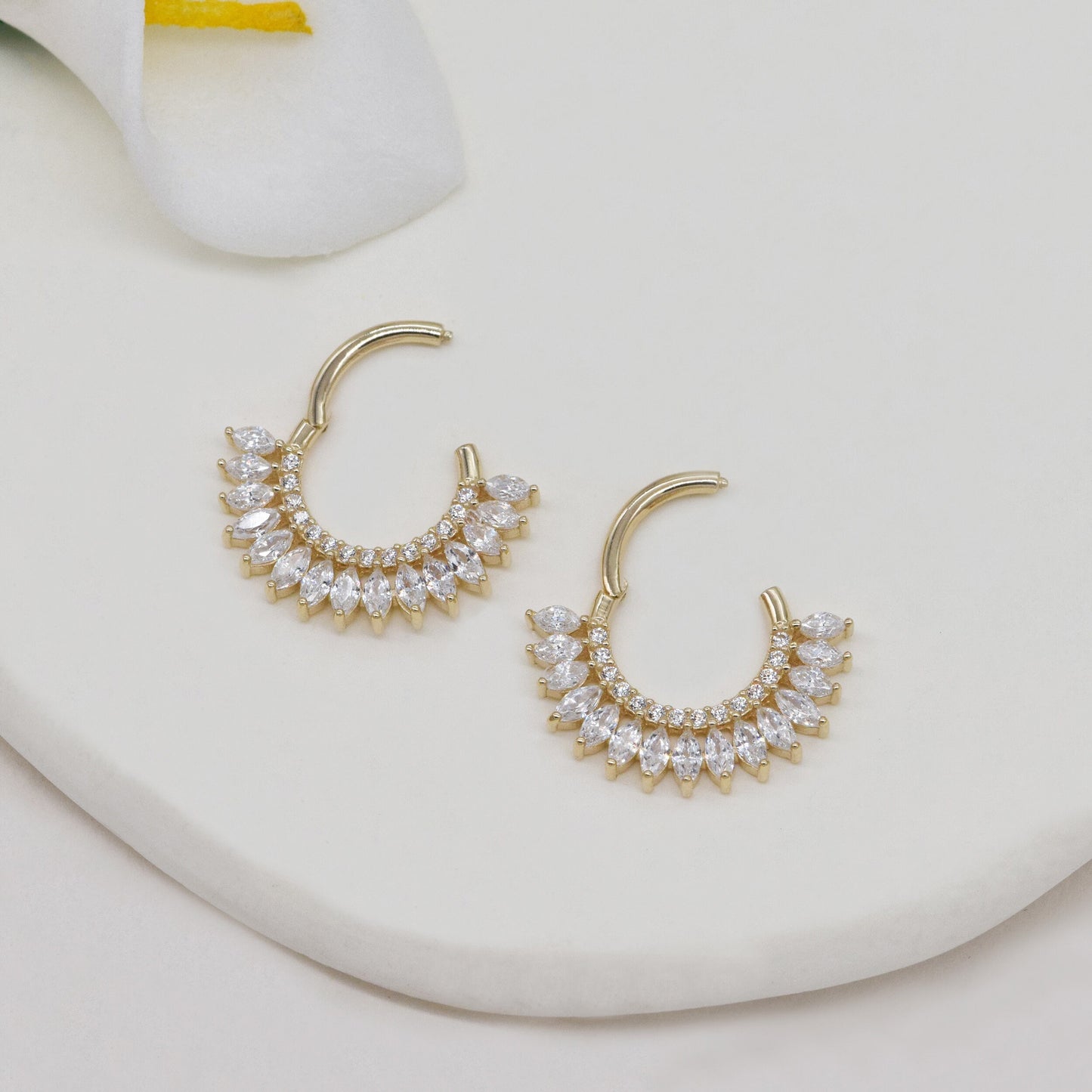 14K Solid Gold Dainty Marquise Septum Hoop Clicker Nose Piercing Ring