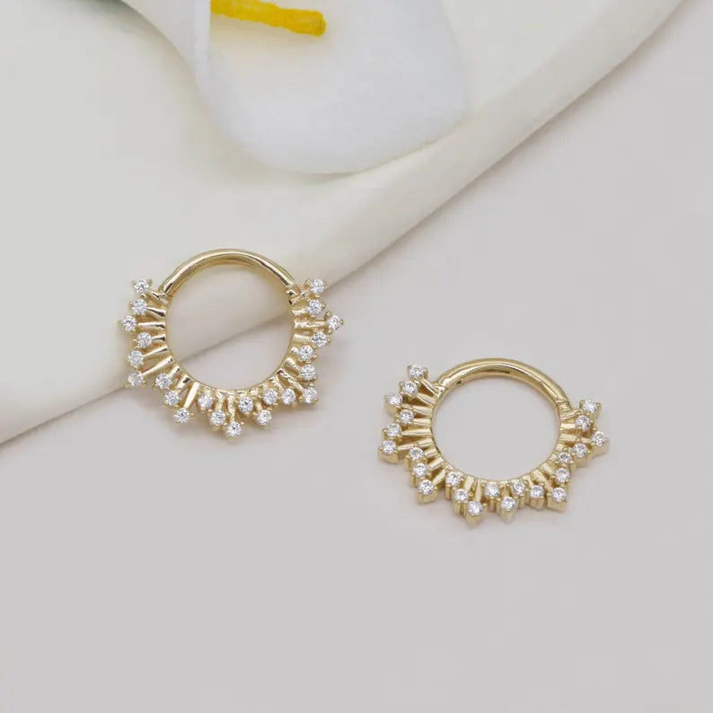 14K Gold Sunburst Daith Septum Hoop 16G