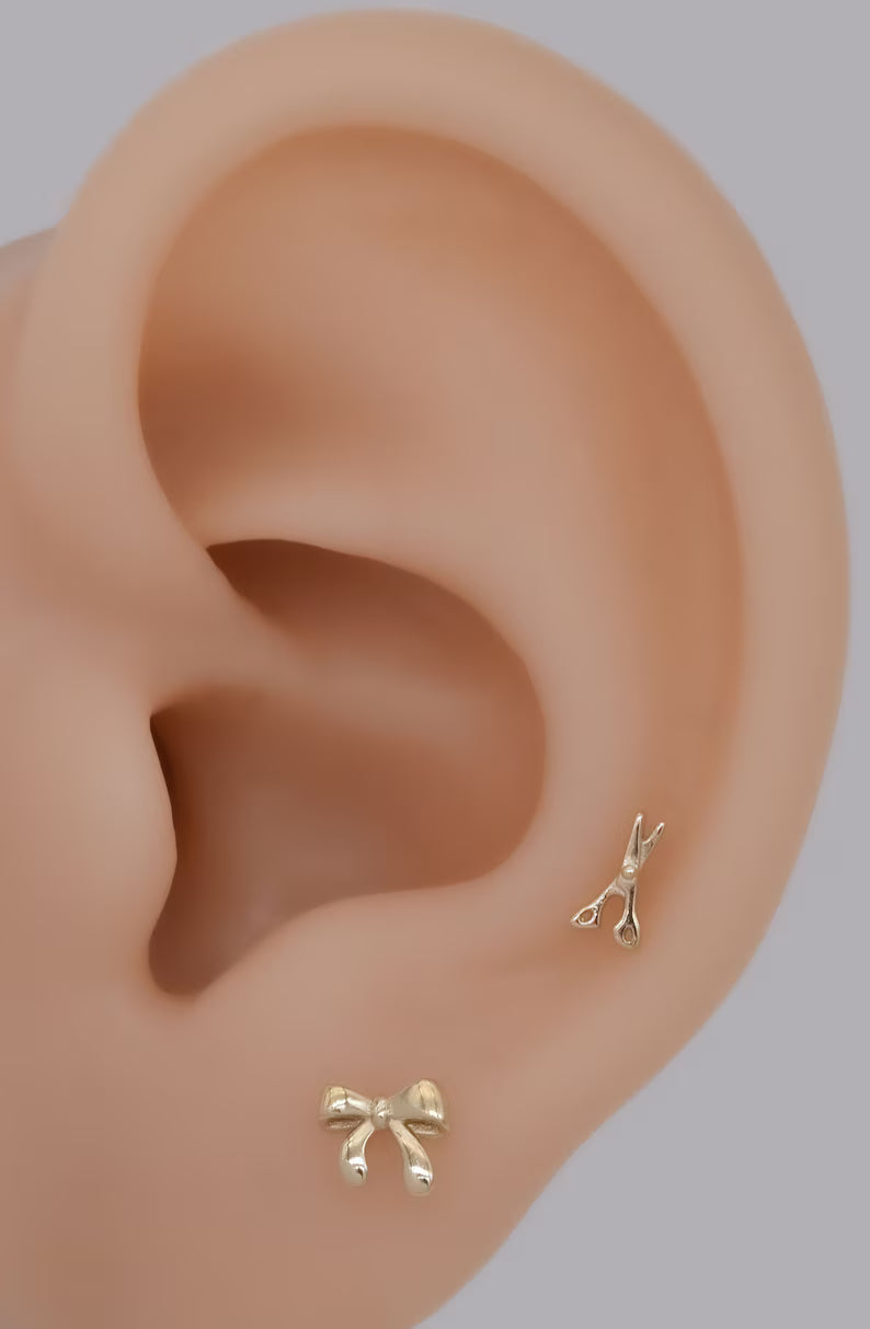 14K Gold Dainty Ribbon Bow Cartilage Stud Earring