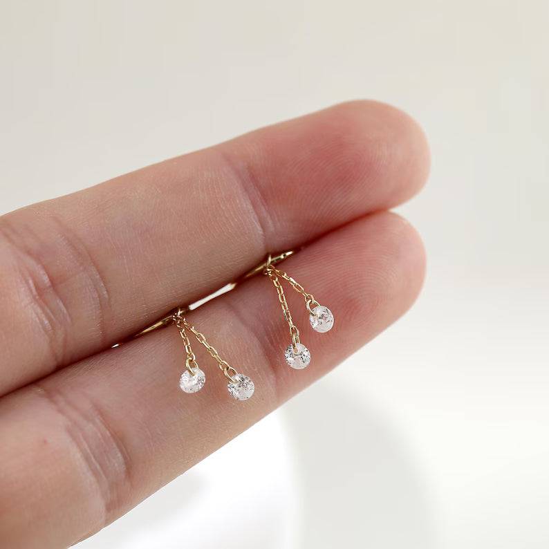 14K Gold Double Chain CZ Cartilage Hoop Charm
