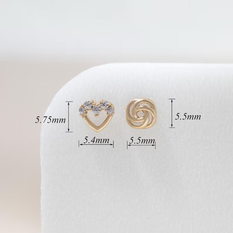 14K Gold Heart Rose Flat Back Studs