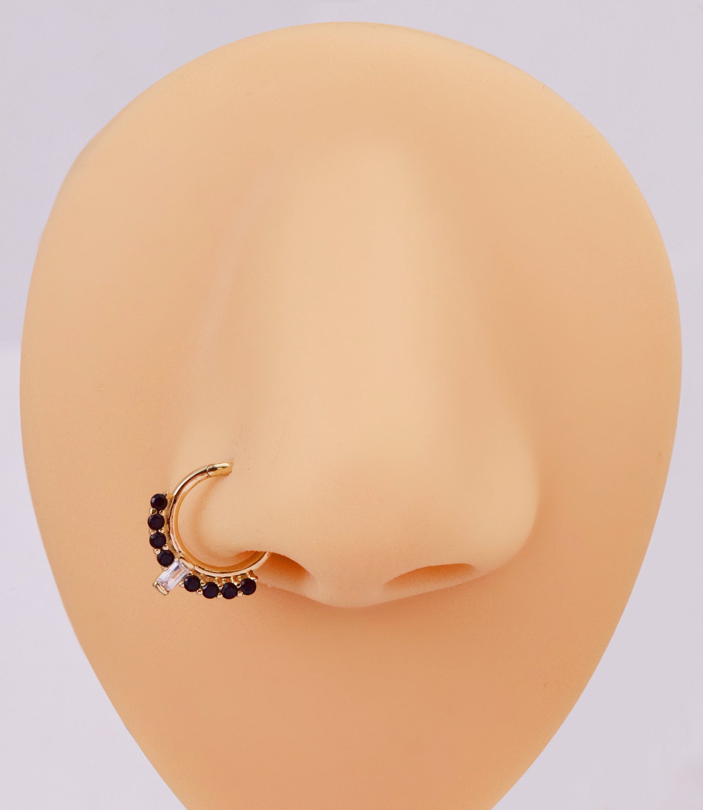 14K Solid gold baguette black stone clicker 16g hoop for septum