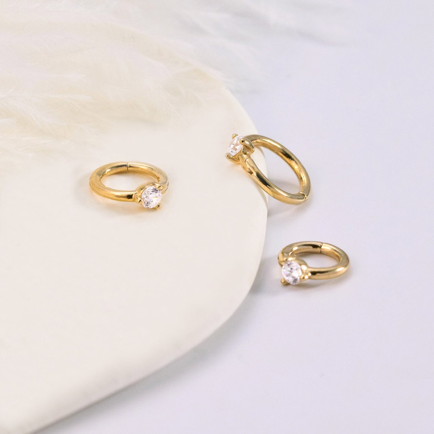 14K Solid Gold Tiny Cartilage Hoop Cubic Zirconia Huggie Earring