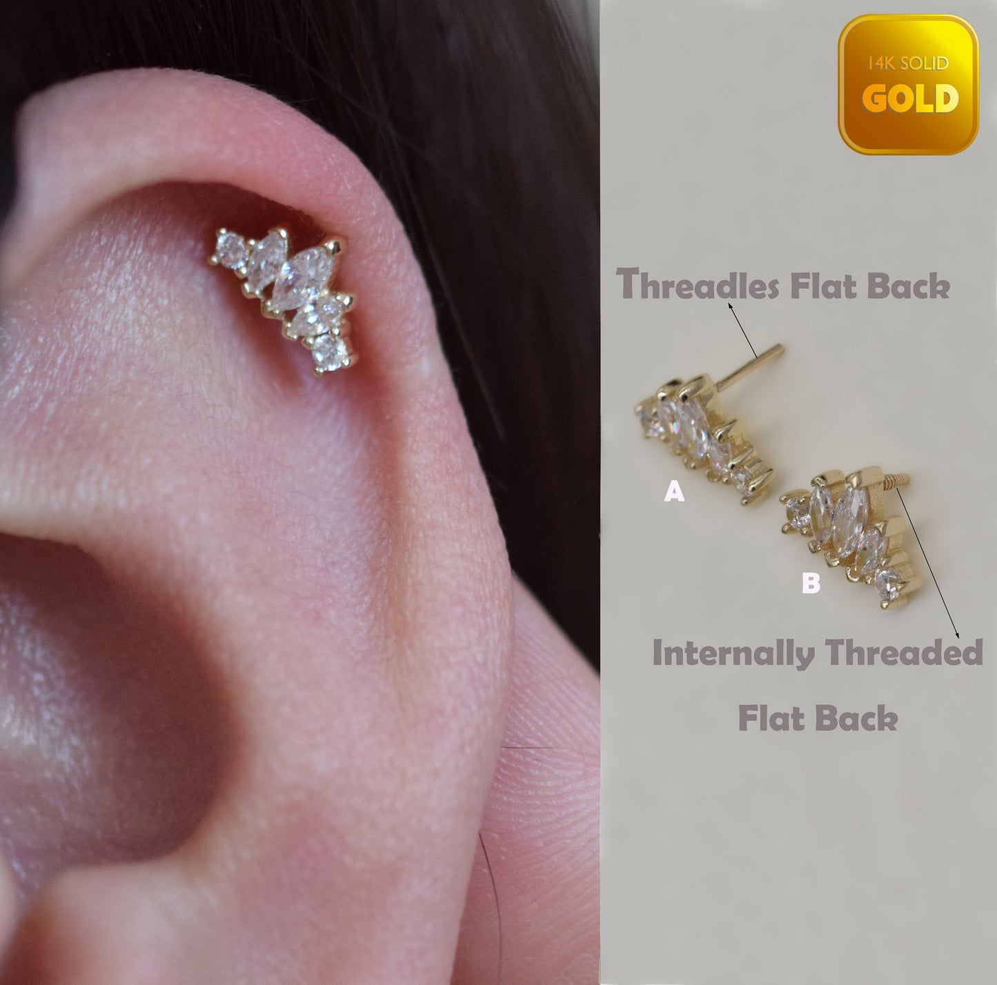 14K Solid Gold Threadless Climber Earring Helix Conch Tragus Stud