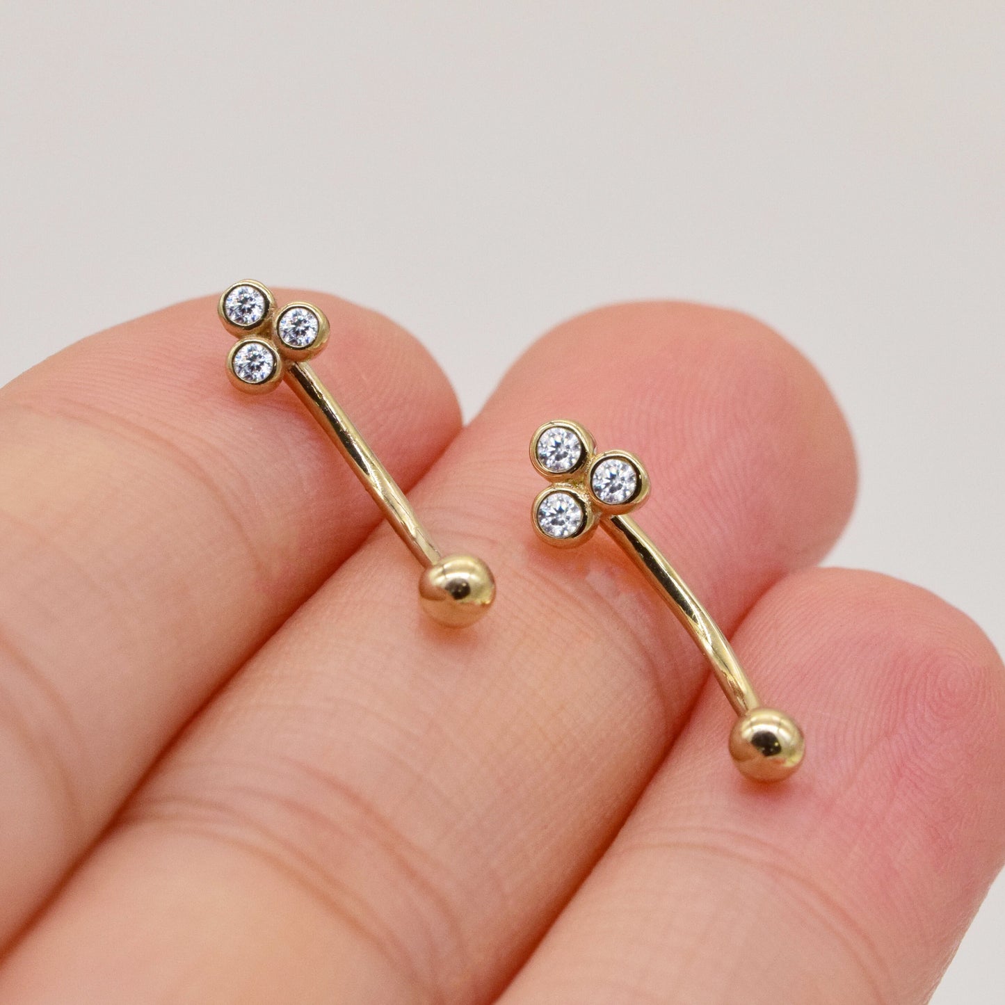 14K Solid Gold Floral Cubic Zirconia Curved Barbell Earring 16G