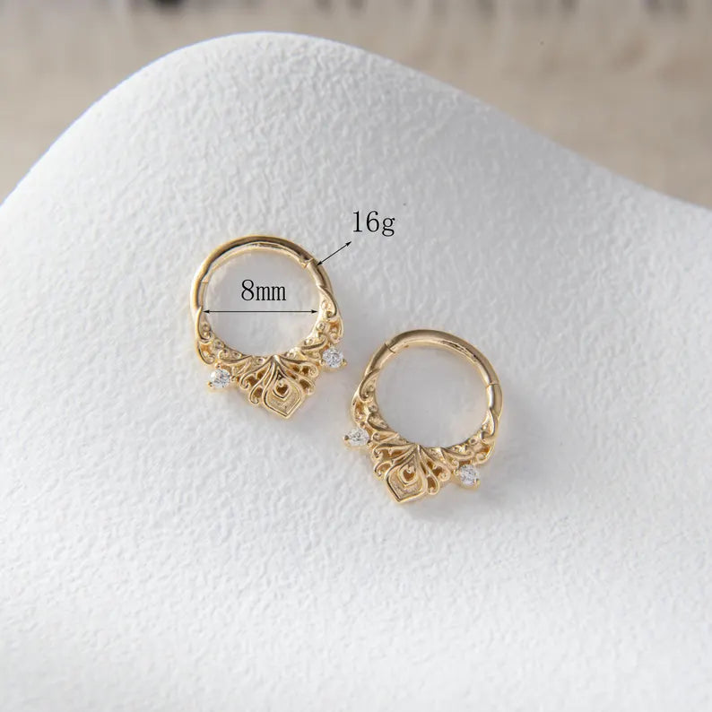 14K Solid Gold Floral Septum Hoop