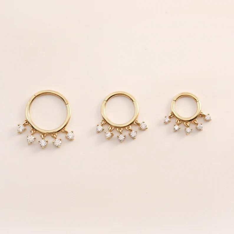 14K Gold Heart Dangle Cartilage Septum Helix Hoop 16g 6/8/10mm