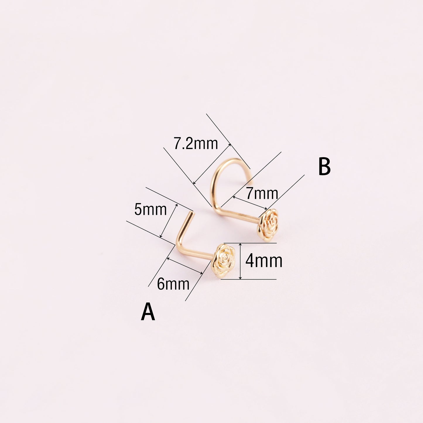14K Solid Gold Rose Nose Stud Tiny L-Shape Flower Ring Dainty S-shape Piercing 20g