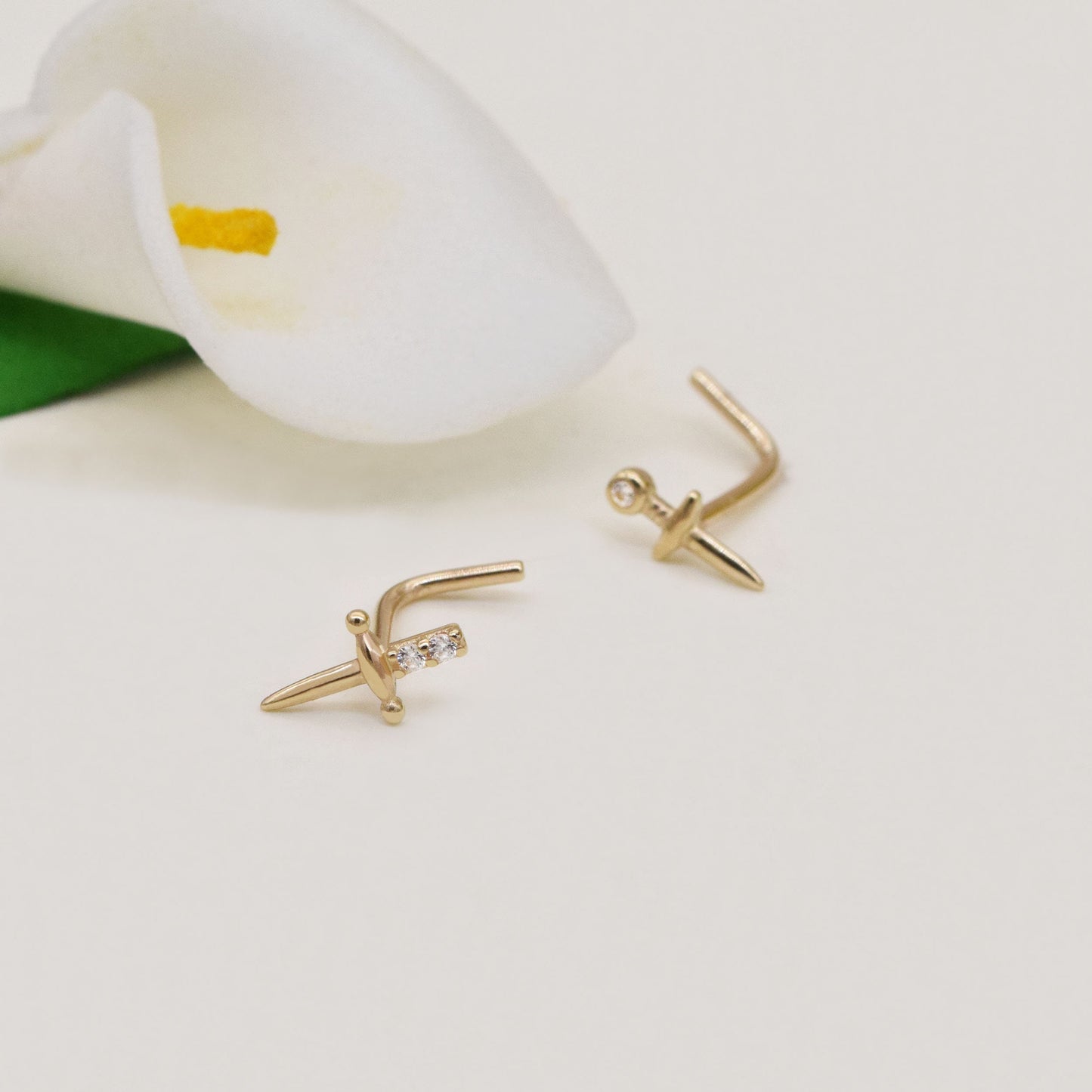 14K Solid Gold Sword Nose Stud Dagger L Shape 20g