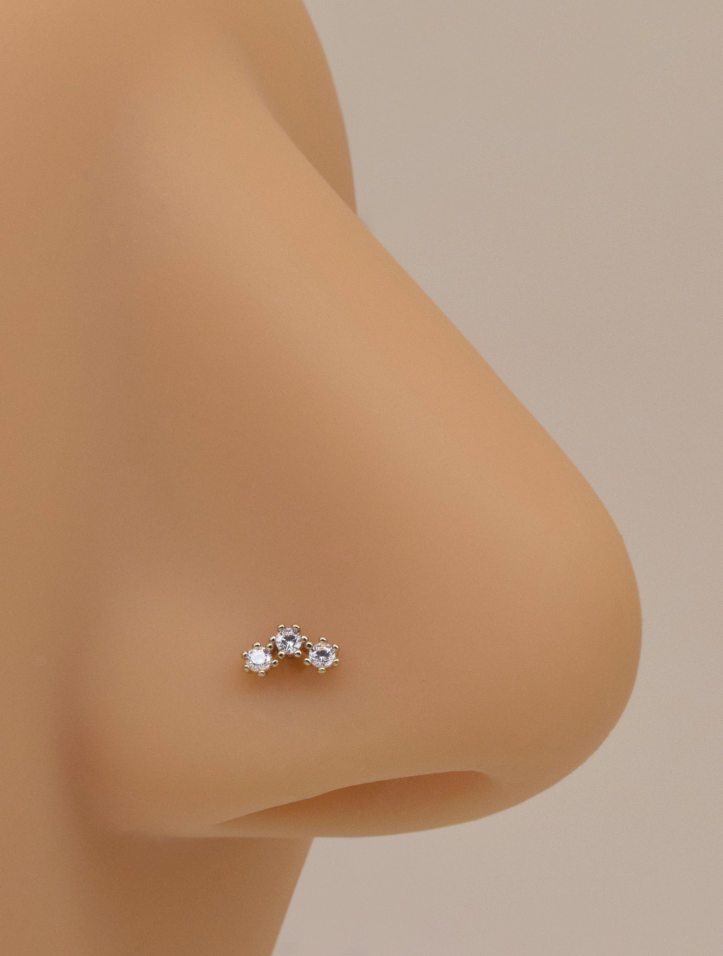 14K Solid Gold Three Stone L-Shape Nose Stud 20g