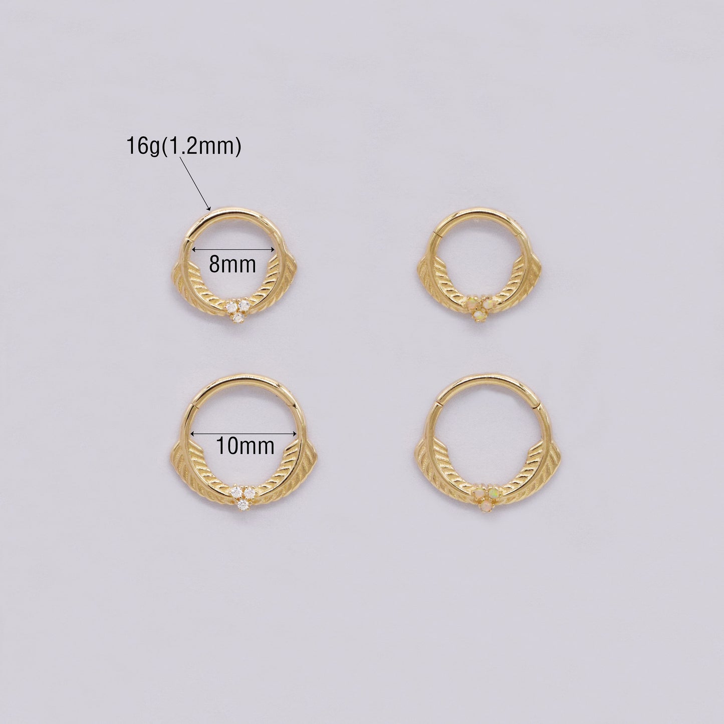 14K Solid Gold Cartilage Hoop Leaf Opal Clicker 16G