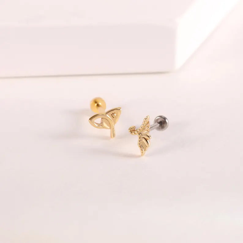 14K Gold Grass Leaf Cartilage Stud Flat Back Earring