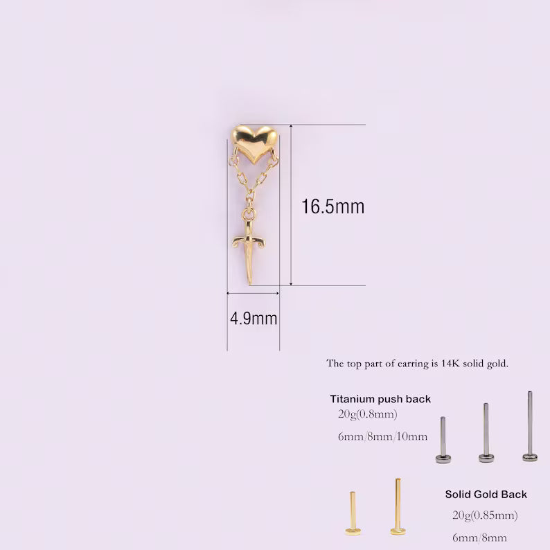 14K Gold Heart Sword Dangle Piercing Studs