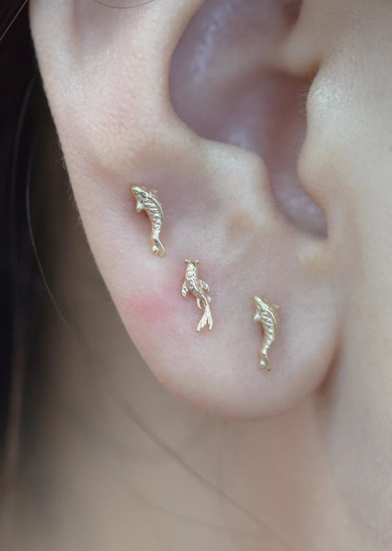 14K Solid Gold Koi Fish Stud Earring
