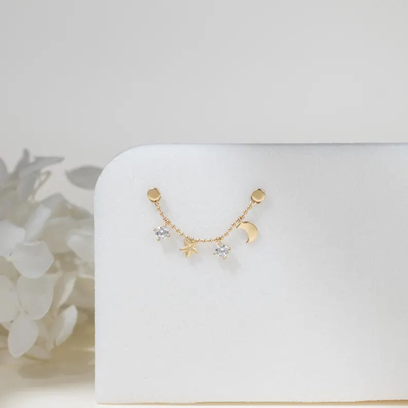14K Solid Gold Moon & Star Chain Piercing