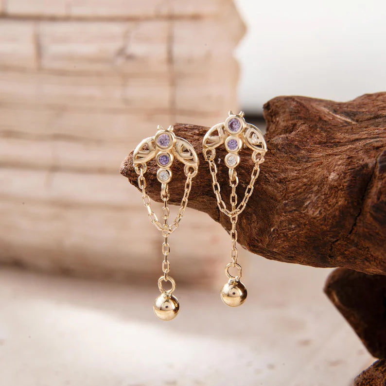 14K Gold Butterfly Chain Stud Earring